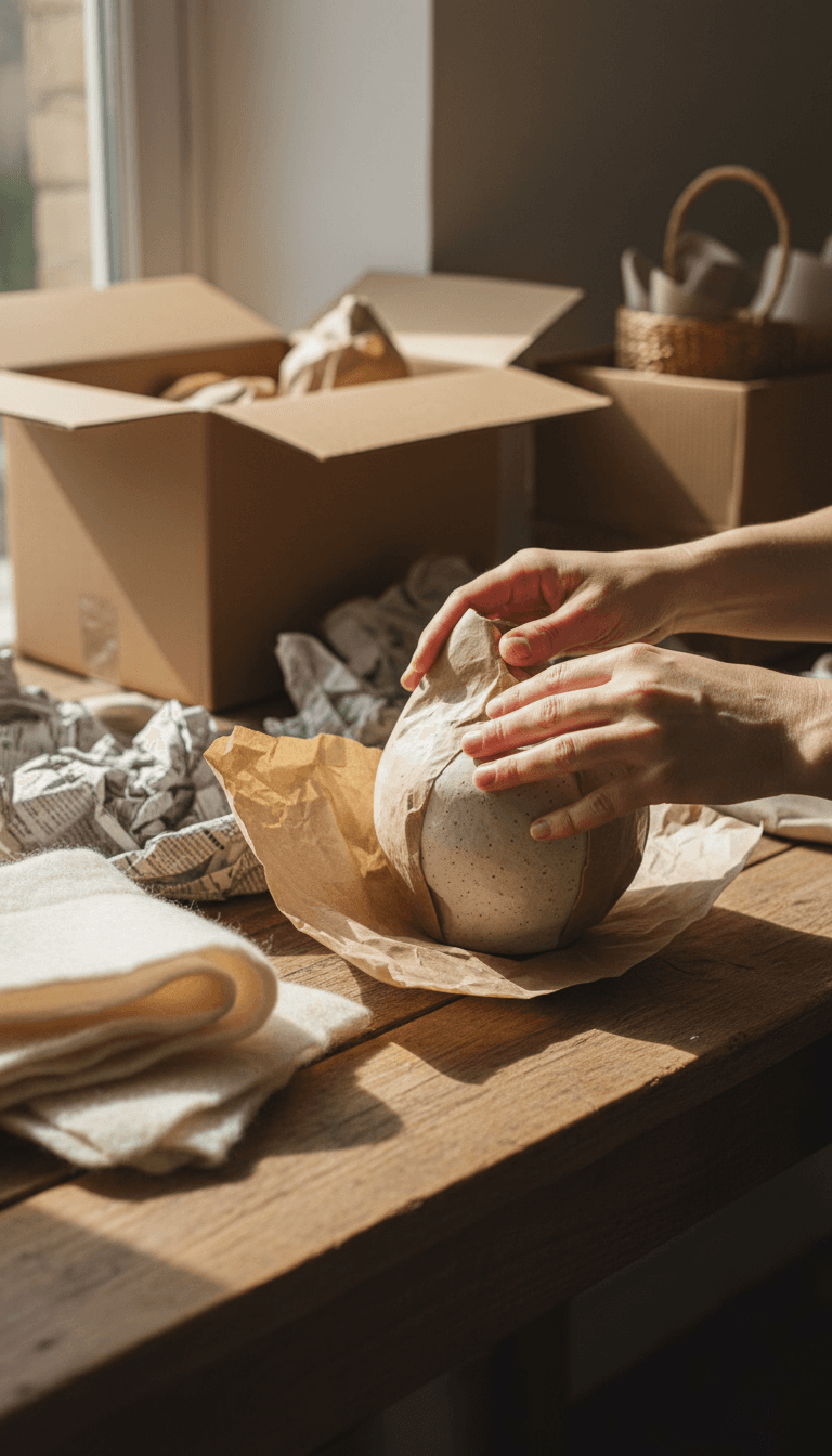 Hands carefully wrapping a ceramic vase for shipping